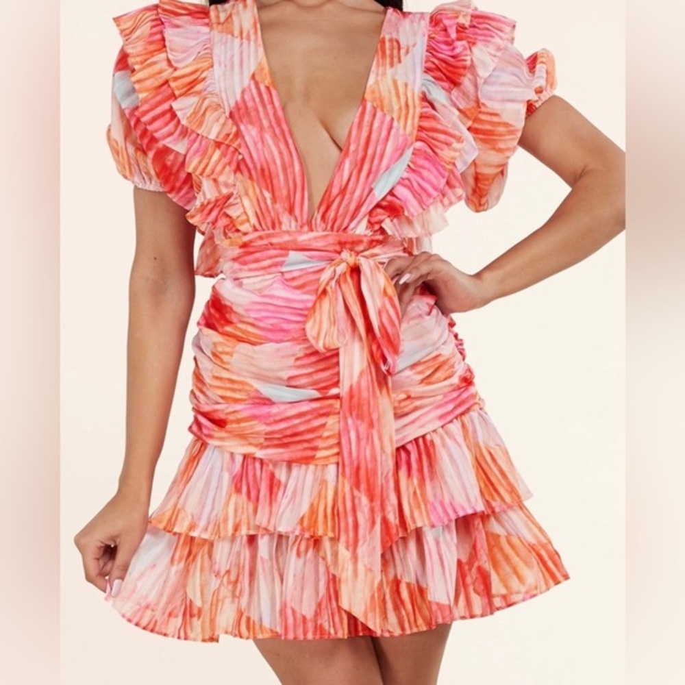NWT L’atiste By Amy Womens M Multicolor Ruffle Mini Dress Deep V Puff Sleeve